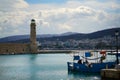 Rethymno, Greece, September 30 2018 View of the port of Rethymno and its lighthouse called Latarnia Morska Royalty Free Stock Photo