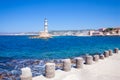 Rethymnon, Crete, Greece - August 15, 2015: The lighthouse in the Venetian port of Rethymnon, the old town. Royalty Free Stock Photo