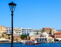 Rethymnon, Crete, Greece - August 15, 2015: Sightseeing boat sails in the Venetian port of Rethymnon