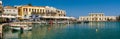 Rethymnon, Crete, Greece: Panorama View of the Old Traditional Venetian Harbor with Blue Sky