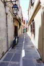 Rethymnon, Island Crete, Greece, - July 1, 2016: The narrow street with street lamp in Rethymnon part of Old Town