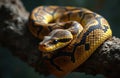 Reticulated python coiled around tree branch. Large snake with yellow, black patterned scales resting on wood. Reptile with dark Royalty Free Stock Photo