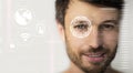 Retina scan of young male, collage with information on digital screen. Empty space. Panorama Royalty Free Stock Photo