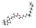 Retinyl palmitate vitamin supplement molecule. Ester of vitamin A (retinol) and palmitic acid. 3D rendering. Atoms are represented