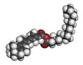 Retinyl palmitate vitamin supplement molecule. Ester of vitamin A (retinol) and palmitic acid. 3D rendering. Atoms are represented