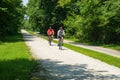 Retired couple enjoying a day riding their bicycles on the High Bridge Trail State Park located in Farmville, Cumberland County, V Royalty Free Stock Photo