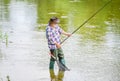 Retired fisherman. Senior man catching fish. Mature man fishing. Male leisure. Fisherman with fishing rod. Activity and