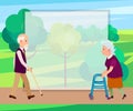 Retired Man with Walking Stick and Senior Woman