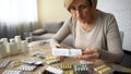 Retired obsessed with self-medication female reading medicine instruction