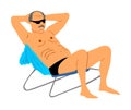 Retired old man on vacation sitting in beach chair,  illustration. Senior on beach. Mature sunbathing. Healthy man enjoy. Royalty Free Stock Photo