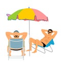 Retired old man on vacation sitting in beach chair, vector illustration. Senior friends sunbathing under parasol. Man enjoy. Royalty Free Stock Photo