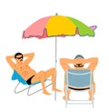 Retired old man on vacation sitting in beach chair, vector illustration. Senior friends sunbathing under parasol. Man enjoy.