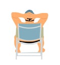 Retired old man on vacation sitting in beach chair, vector illustration. Senior sunbathing. Man enjoy in summer day. Free time. Royalty Free Stock Photo