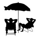 Retired old man on vacation sitting in beach chair, vector silhouette illustration. Senior friends sunbathing under parasol.