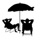 Retired old man on vacation sitting in beach chair, vector silhouette. Senior friends sunbathing under parasol. Man enjoy.