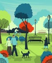 Retired people walking in the city park. Landscape with trees, bushes, benches, lanterns.