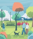 Retired people walking in the city park. Landscape with trees, bushes, benches, lanterns.