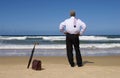 Retired senior business man on beach vacation, copy space Royalty Free Stock Photo