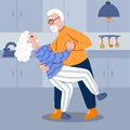 Retired senior couple dancing together in the cozy kitchen. Old lady and gentleman dancing romantically. Grandpa does dance