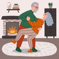 Retired senior couple dancing together in the living room. Old lady and gentleman dancing romantically. Grandpa does dance support