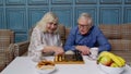 Retired senior couple talking drinking tea, playing chess in modern living home room lounge together Royalty Free Stock Photo