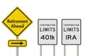 Retirement ahead with contribution limits street signs Royalty Free Stock Photo