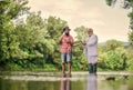 For retirement brings repose. granddad and drandson fishing. Idea attracting money. Fishermen. hobby and recreation Royalty Free Stock Photo