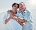 Retirement couple, portrait and hug at beach for love, care and relax on summer holiday, vacation or date. Happy senior Royalty Free Stock Photo