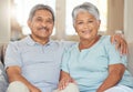 Retirement couple, portrait and relax sofa lounge, love and living room lifestyle together in Australia home. Elderly