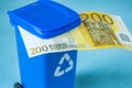 Retirement, 200 Euro banknotes, business finance concept, Miniature trash can with two hundred Euro banknote, European Union stop Royalty Free Stock Photo