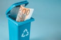 Retirement, 200 Euro banknotes, business finance concept, Miniature trash can with two hundred Euro banknote, European Union stop Royalty Free Stock Photo