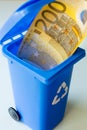 Retirement, 200 Euro banknotes, business finance concept, Miniature trash can with two hundred Euro banknote, European Union stop Royalty Free Stock Photo