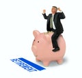 Retirement financial planning success man riding piggy bank full of money over RETIREMENT finish line Royalty Free Stock Photo