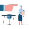 Retirement. Fired old person leaves the office with a box in his hands. Woman without work. Vector, flat. Dismissed