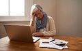 Retirement fund worries...An elederly woman sitting in front of her laptop looking stressed and worried.
