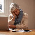 Retirement fund worries...An elederly woman sitting in front of her laptop looking stressed and worried.