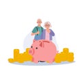 Retirement Happiness concept. Elderly Couple Celebrating Financial Success with Piggy Bank Savings