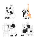 Retirement hobbies black and white cartoon flat illustration set