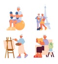 Retirement hobbies cartoon flat illustration set