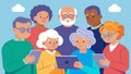 In a retirement home a group of seniors gather around a tablet to play interactive brain games and stay mentally sharp