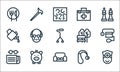 Retirement home line icons. linear set. quality vector line set such as doctor, sofa, newspaper, hearing aid, piggy bank, watering Royalty Free Stock Photo