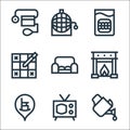 retirement home line icons. linear set. quality vector line set such as watering can, tv, retirement home, fireplace, sofa, sudoku