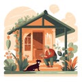 Retirement home: A retiree sitting on the porch of their cozy retirement home with their pet