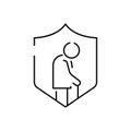 Retirement insurance. Elderly vector line design single isolated icon. Old man and Shield. Save and protect
