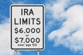 Retirement IRA contributions limits on a USA highway speed road sign Royalty Free Stock Photo