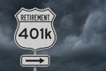 Retirement with 401k plan route on a USA highway road sign