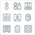 Retirement line icons. linear set. quality vector line set such as bowls, luggage, safe, travel, real estate, medical report,