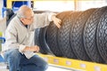 Retirement man touching and choosing for buying a tire in a supermarket mall. Measuring rubber car wheel