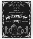 Retirement party invitation. Design template with glasses of beer and vintage ornament on chalkboard background. Royalty Free Stock Photo