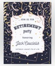 Retirement party invitation. Design template with rose gold polygonal frame, confetti and serpentine Royalty Free Stock Photo